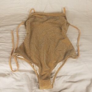 Free-est One Piece Swimsuit Womens M Gold Excellent Metallic Shimmer Tie Back